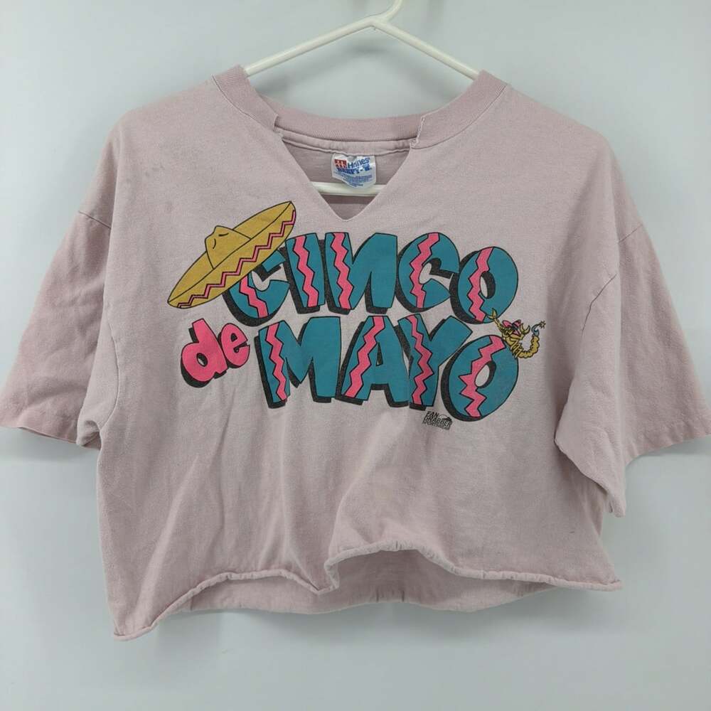 Vintage Pink "Cinco De Mayo" Pink Cotton T-Shirt Women's Large Cropped